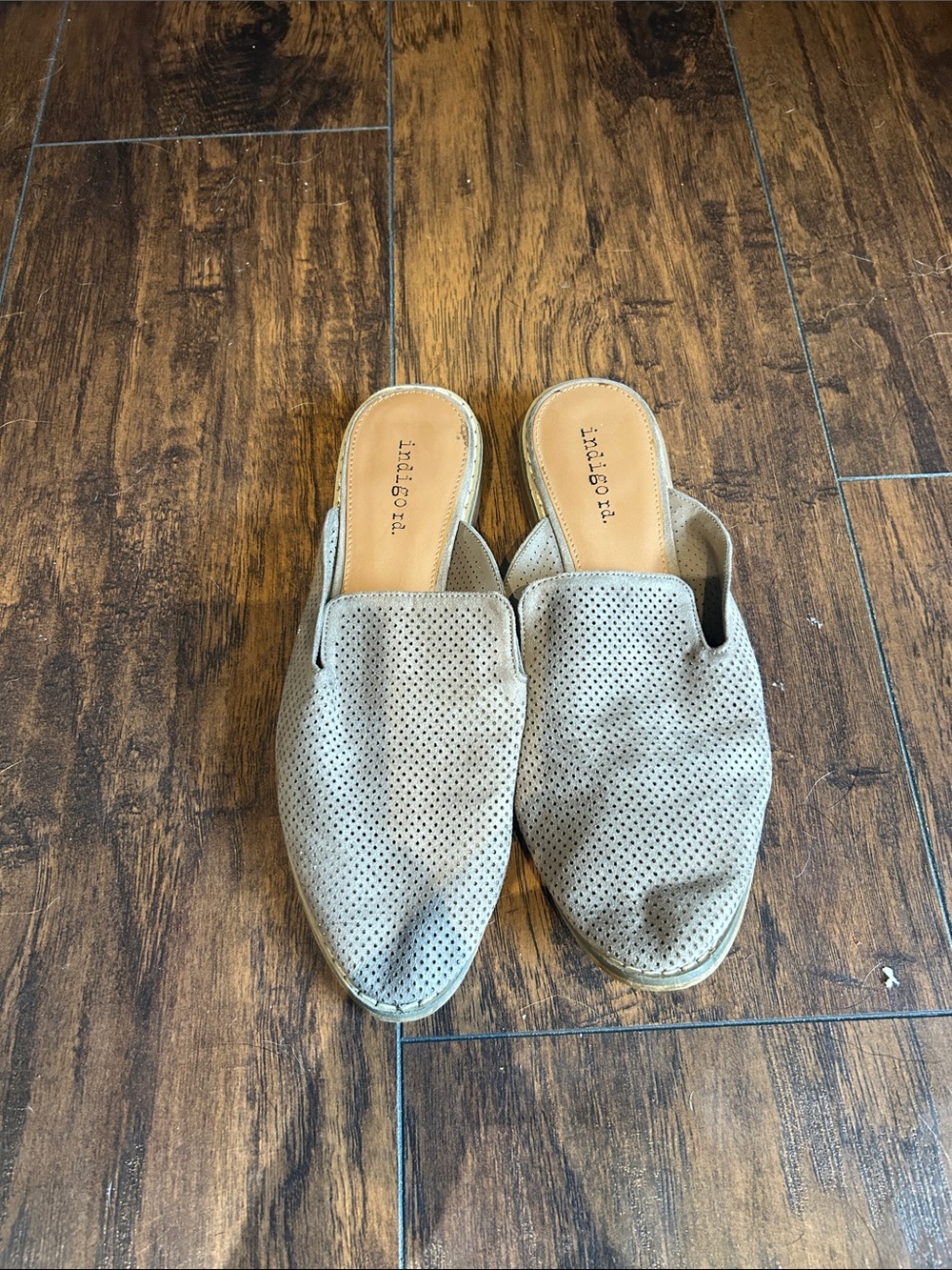 Indigo Perforated Slide Mules — Beige Taupe